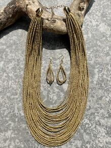 Beaded Layered Necklace & Drop Earrings - Yellow Gold - View 2