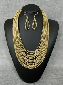 Beaded Layered Necklace & Drop Earrings - Yellow Gold - View 3