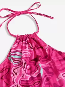 SHEIN ICON 大理石圖案褶邊掛脖連衣裙 - 玫紅色 - 查看 4