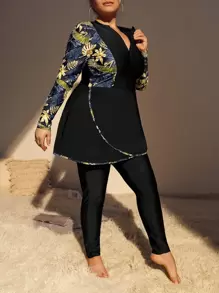 Plus Size Tropical Print Zip Front Full Body Rashguard Summer Beach - Yellow - View 1