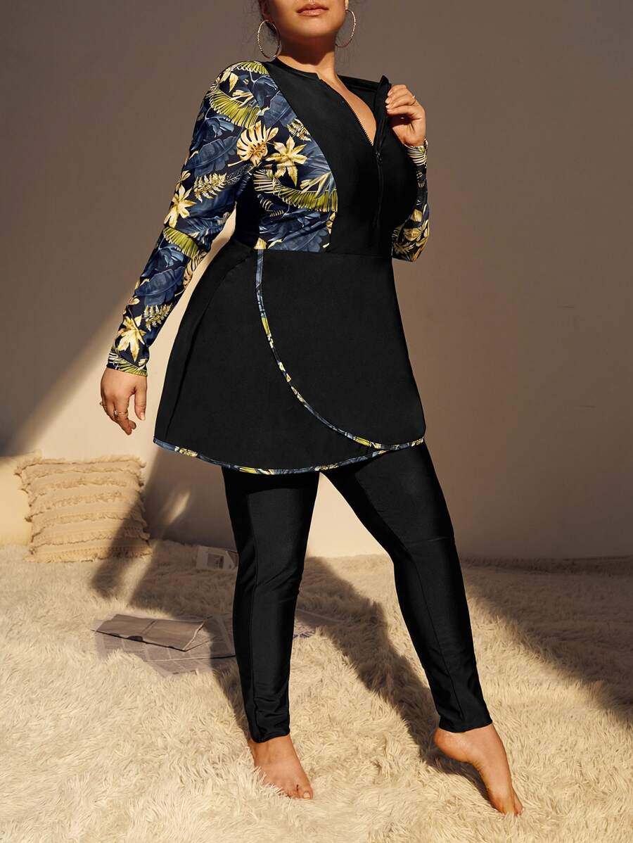 Plus Size Tropical Print Zip Front Full Body Rashguard Summer Beach - Yellow - View 1