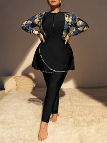 Plus Size Tropical Print Zip Front Full Body Rashguard Summer Beach - Yellow - View 5