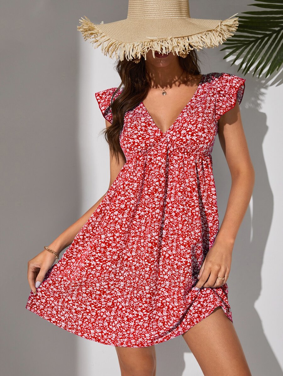 SHEIN Tall Ditsy Floral Print Butterfly Sleeve Dress - Red and White - View 1