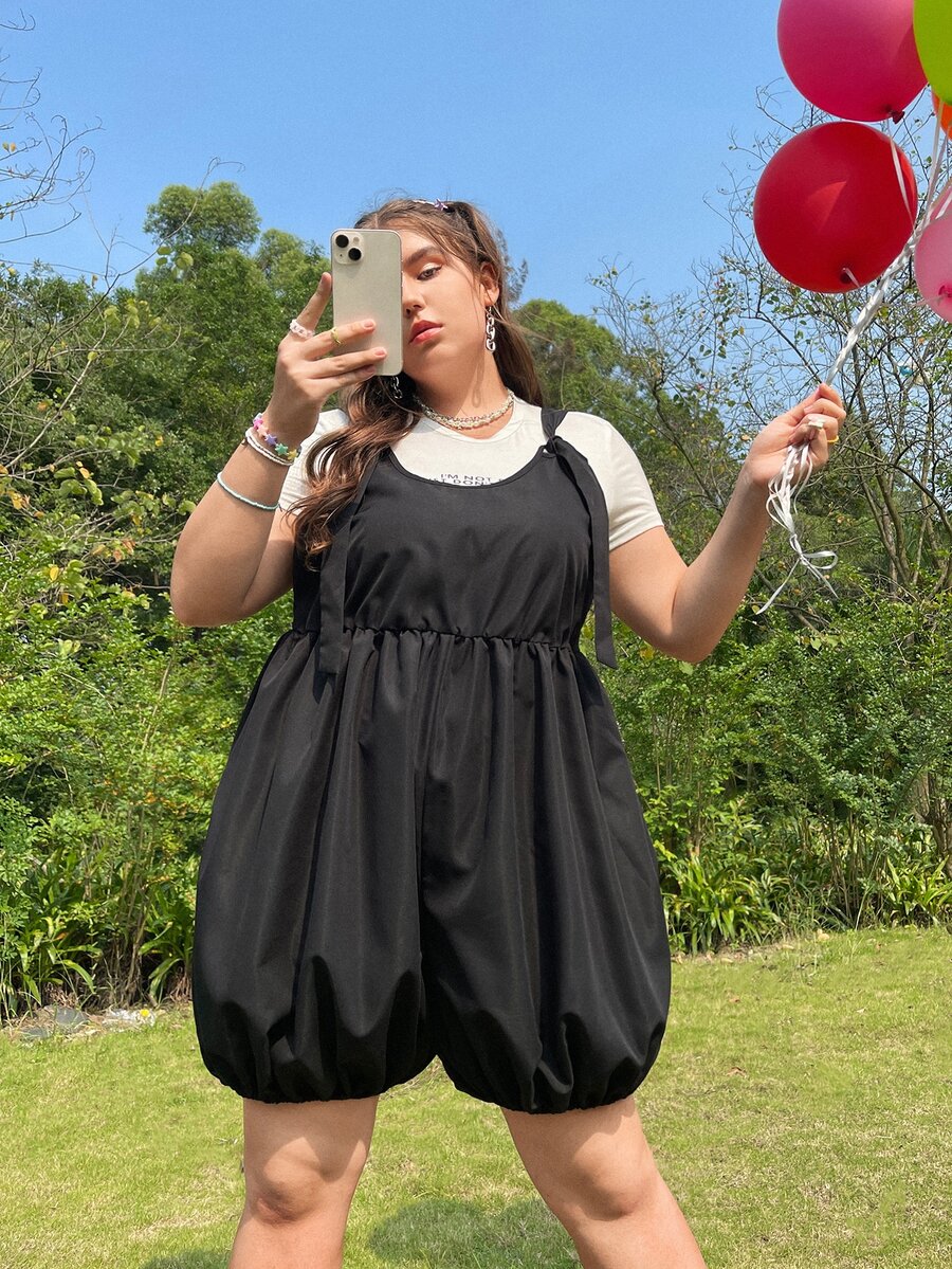 Plus Lantern Hem Overall Romper Without Tee - Black - View 1