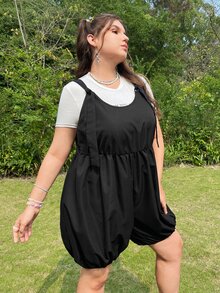 Plus Lantern Hem Overall Romper Without Tee - Black - View 4