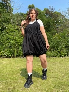 Plus Lantern Hem Overall Romper Without Tee - Black - View 2