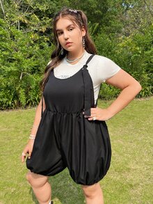 Plus Lantern Hem Overall Romper Without Tee - Black - View 5