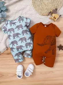 Baby Boy 2pcs Elephant Print Romper - Multicolor - View 1