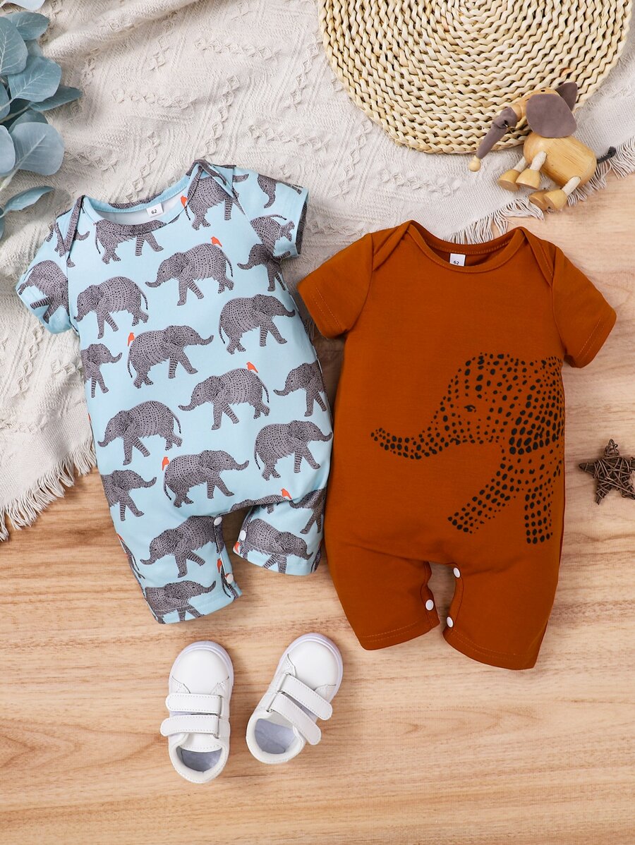 Baby Boy 2pcs Elephant Print Romper - Multicolor - View 1