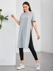 Letter Patched Split Thigh Tee - Light Grey - View 2
