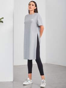 Letter Patched Split Thigh Tee - Light Grey - View 4
