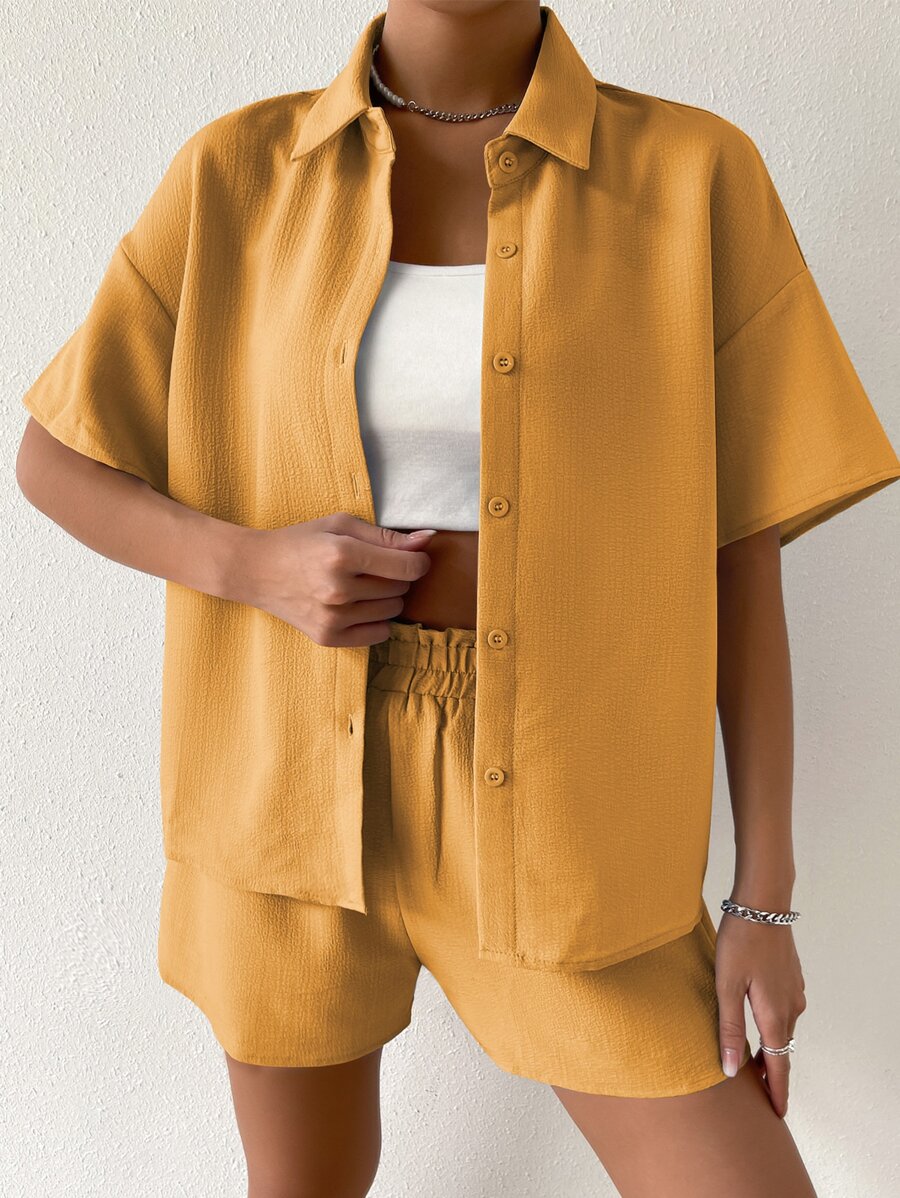 SHEIN Unity Solid Drop Shoulder Shirt & Shorts Set - Mustard Yellow - View 1