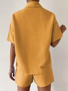 SHEIN Unity Solid Drop Shoulder Shirt & Shorts Set - Mustard Yellow - View 2