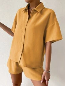 SHEIN Unity Solid Drop Shoulder Shirt & Shorts Set - Mustard Yellow - View 3