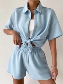 SHEIN Unity 素色落肩袖上衣和短褲套裝 - 淺藍色 - 查看 4