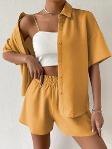 SHEIN Unity Solid Drop Shoulder Shirt & Shorts Set - Mustard Yellow - View 4