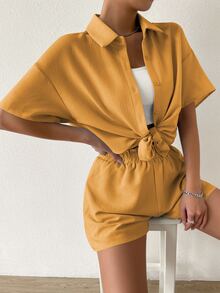 SHEIN Unity Solid Drop Shoulder Shirt & Shorts Set - Mustard Yellow - View 5