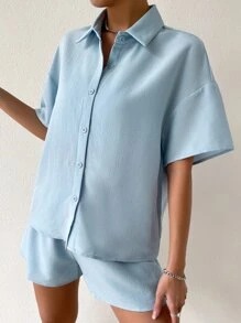 SHEIN Unity 素色落肩袖上衣和短褲套裝 - 淺藍色 - 查看 6
