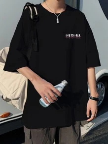 Manfinity Hombres Camiseta con estampado floral y letra japonesa - Negro - Ver 2