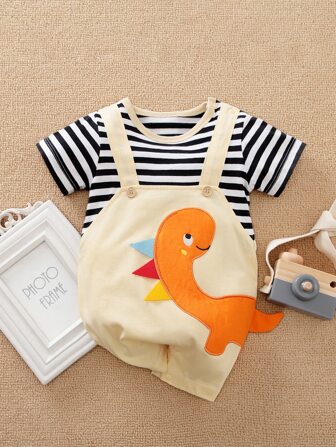 Yierying رومبير قصير الأكمام بتصميم ديناصور لطيف للأطفال الصغار، ربيع/صيف