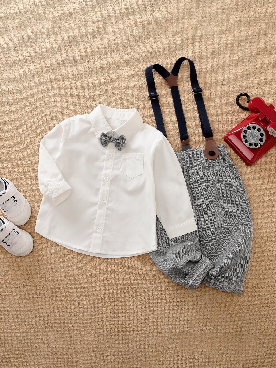 Yierying 小男童前蝴蝶結襯衫和背帶褲 - 彩色 - 查看 1
