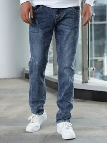 男士斜插口袋漂白水洗牛仔褲 - 中等水洗藍 - 查看 3