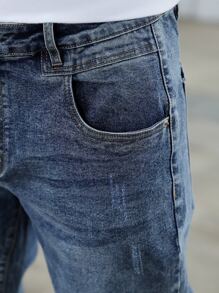 男士斜插口袋漂白水洗牛仔褲 - 中等水洗藍 - 查看 6