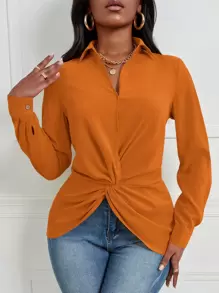 SHEIN SXY 前扭結不對稱下擺襯衫 - 橘色 - 查看 1
