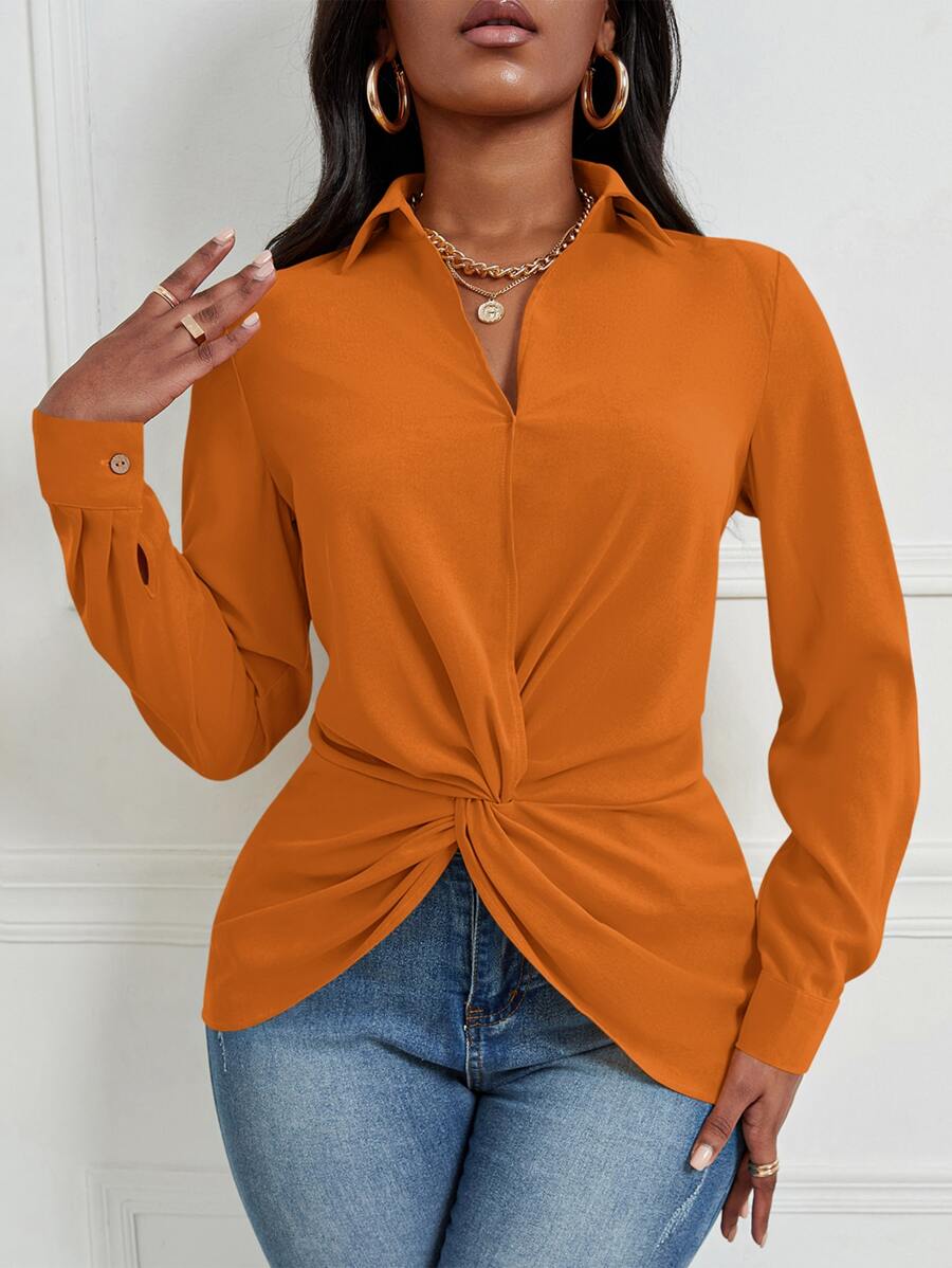 SHEIN SXY 前扭結不對稱下擺襯衫 - 橘色 - 查看 1