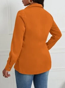 SHEIN SXY 前扭結不對稱下擺襯衫 - 橘色 - 查看 2