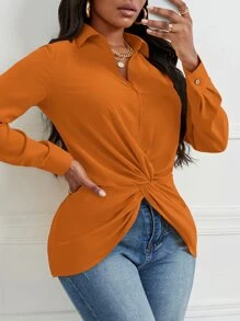 SHEIN SXY 前扭結不對稱下擺襯衫 - 橘色 - 查看 5
