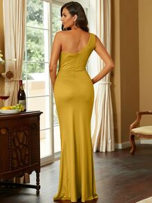 Missord One Shoulder Wrap Satin Formal Dress - Mustard Yellow - View 2