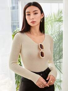 SHEIN Essnce 素色螺紋針織V領套頭毛衣 - 米色 - 查看 1