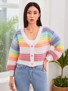 SHEIN Unity V-Neck Colorblock Button Up Cardigan Fall Winter Cloth For Women - Multicolor - View 1