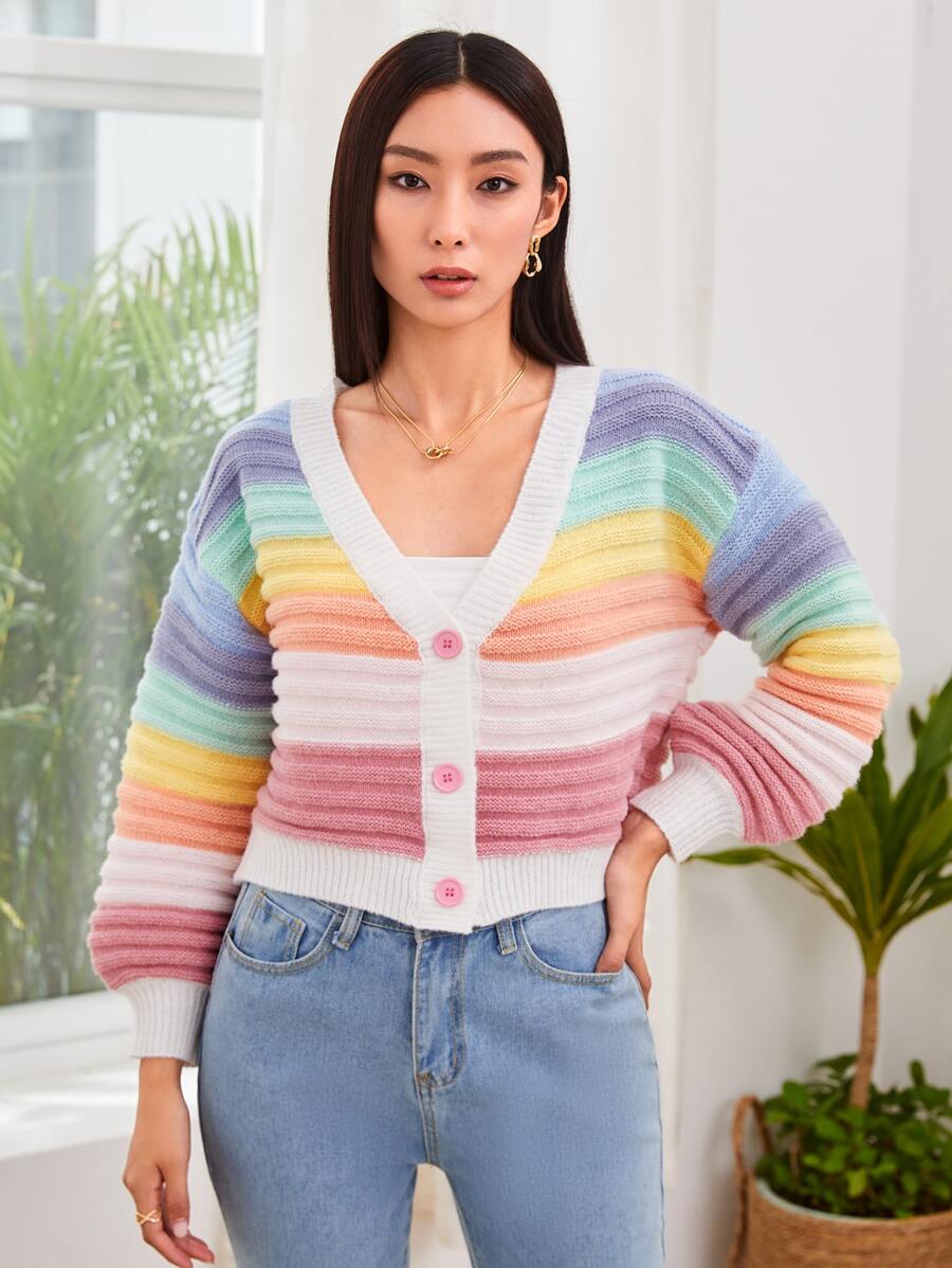 SHEIN Unity V-Neck Colorblock Button Up Cardigan Fall Winter Cloth For Women - Multicolor - View 1
