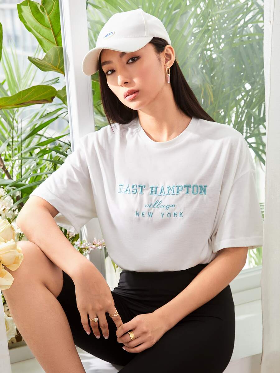 SHEIN Unity Drop Shoulder Letter Embroidery Top Graphic Tees Women Tops - White - View 1