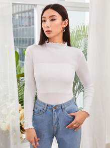 SHEIN EZwear Spring Dress Ribbed Mock Neck Lettuce-Edge Top