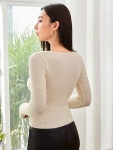 SHEIN Essnce 素色螺紋針織V領套頭毛衣 - 米色 - 查看 2