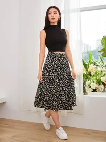 SHEIN LUNE Solid Mock Neck Tank Top & Allover Print Skirt - Black - View 3