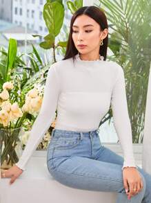 SHEIN EZwear Spring Dress Ribbed Mock Neck Lettuce-Edge Top