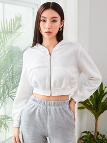 INAWLY Solid Zip Up Drop Shoulder Thermal Lined Crop Hoodie,Long Sleeve Tops Graduation,Back To School Outfits,Graduation,Teacher Outfits For Women,Back To School Pullover Fall Outfit - White - View 4