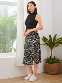 SHEIN LUNE Solid Mock Neck Tank Top & Allover Print Skirt - Black - View 4