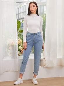 SHEIN EZwear Spring Dress Ribbed Mock Neck Lettuce-Edge Top