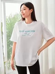 SHEIN Unity Drop Shoulder Letter Embroidery Top Graphic Tees Women Tops - White - View 4