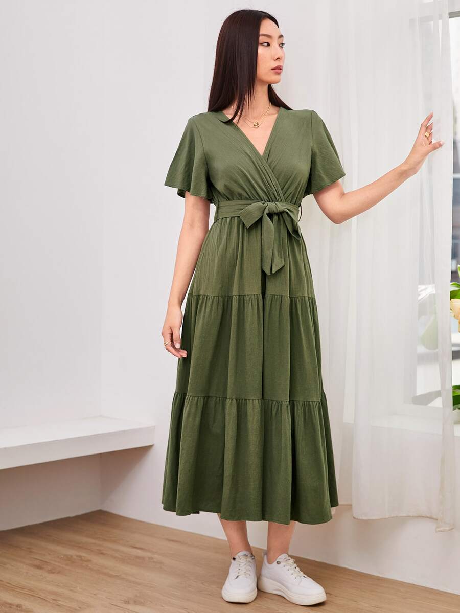 Breezaya Đầm Thắt lưng Viên lá sen Trọn gói màu trơn Boho - xanh quân đội - Xem 1