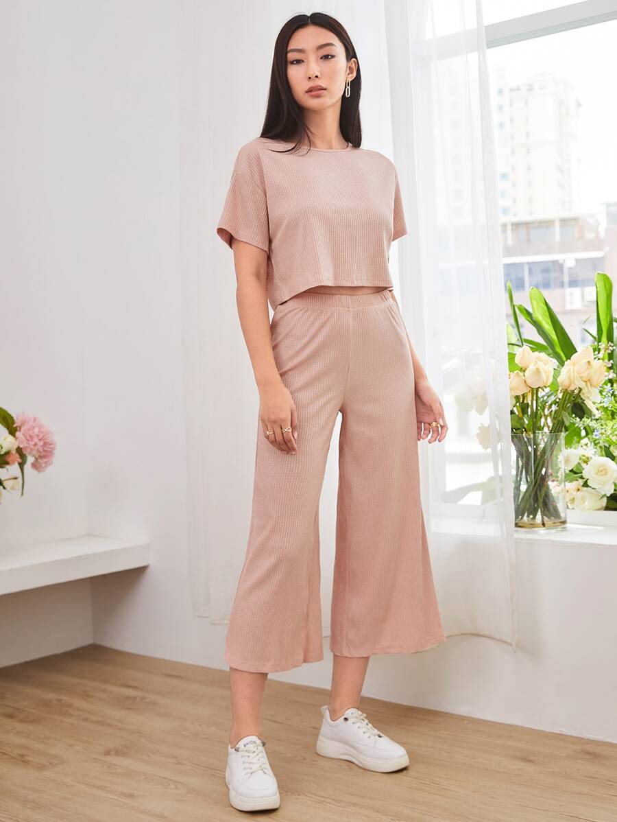 Mulvari Drop Shoulder Rib-knit Top & Capris Pants Set - Baby Pink - View 1