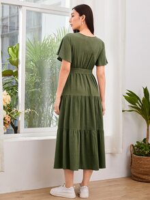 Breezaya Đầm Thắt lưng Viên lá sen Trọn gói màu trơn Boho - xanh quân đội - Xem 2