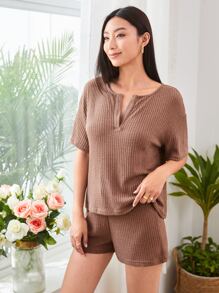SHEIN LUNE 西裝領華夫格針織上衣和運動短褲套裝 - 摩卡棕 - 查看 1