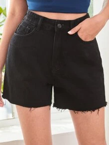 SHEIN EZwear 毛邊高腰牛仔短褲 - 黑色 - 查看 1