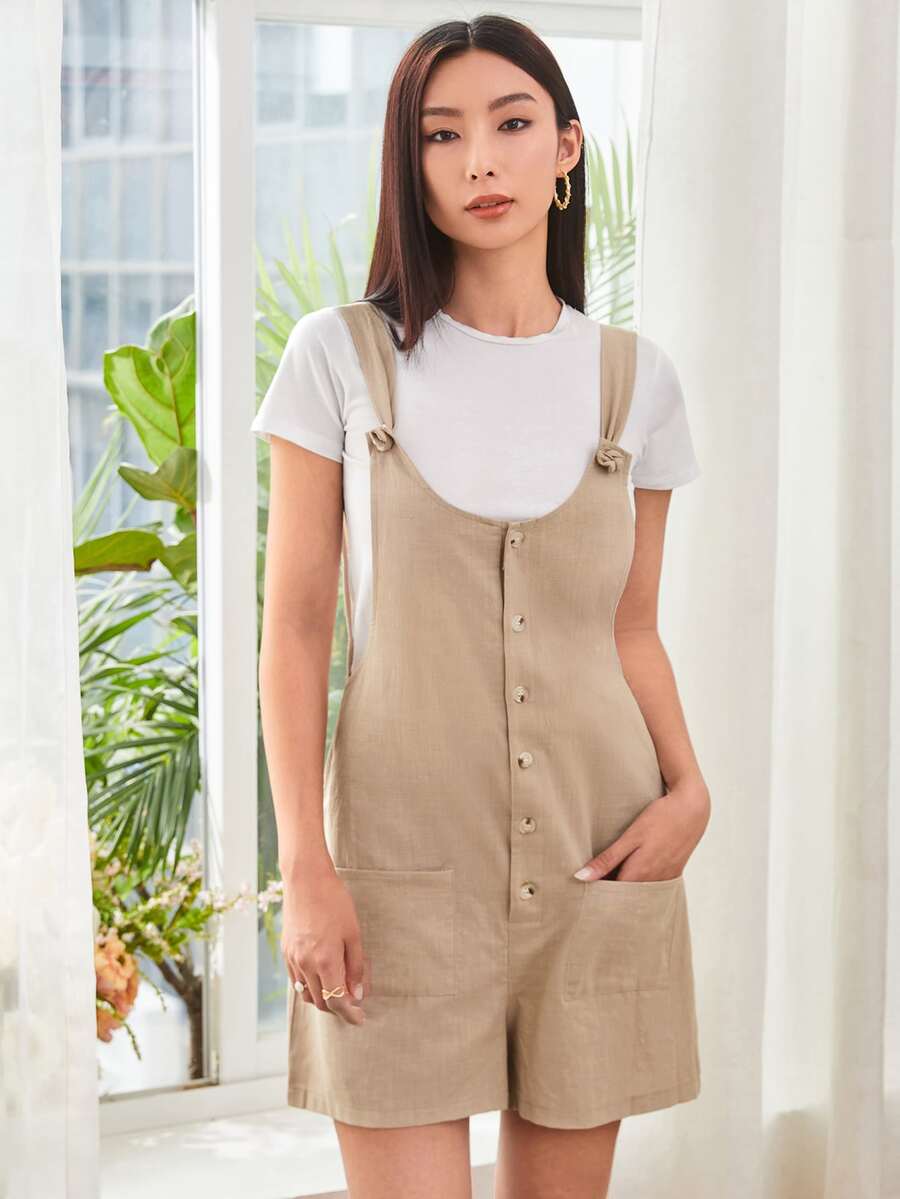 SHEIN LUNE Áo liền quần Nút Túi màu trơn Giải trí - Màu Khaki - Xem 1